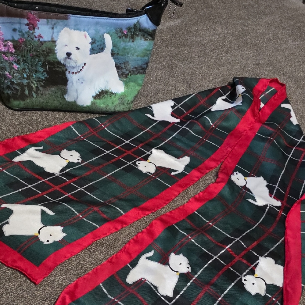 Braciano Westie Terrior Dog Purse And Westie Silk Scarf In Green And Red